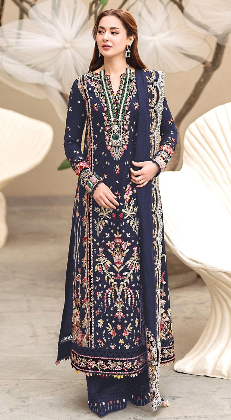 Navy Floral Embroidered 3-Piece Luxury Lawn Suit (un-stitched)