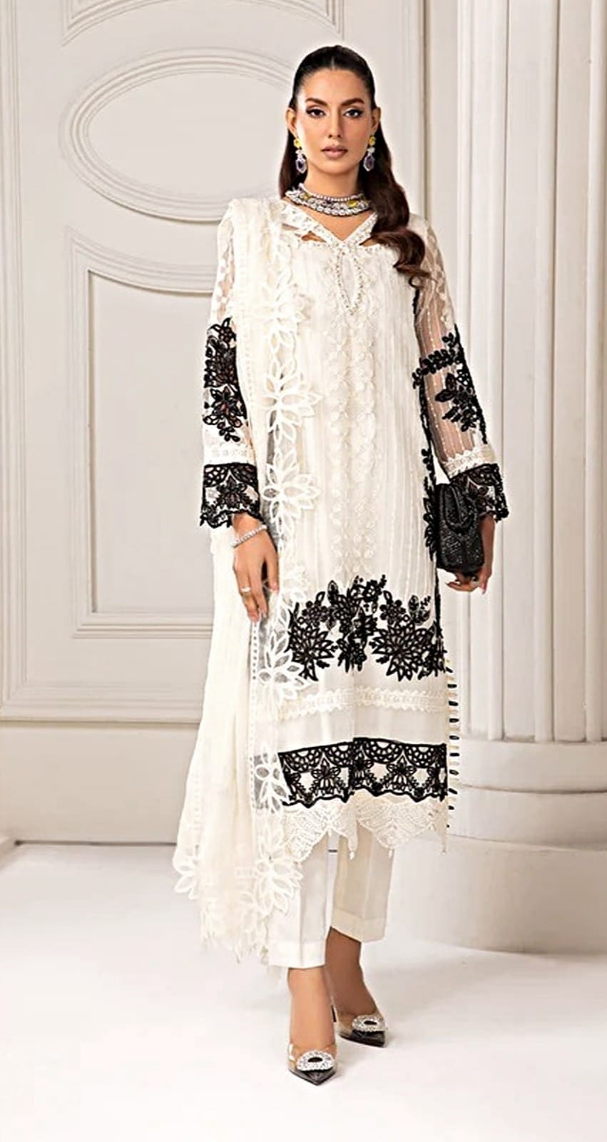 Monochromatic Elegance – Off-White & Black Embroidered Cutwork 3-Piece Suit (un-stitched)