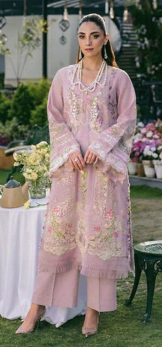 Lilac Bloom – Hand-Embroidered Organza & Lace Ensemble (un-stitched)
